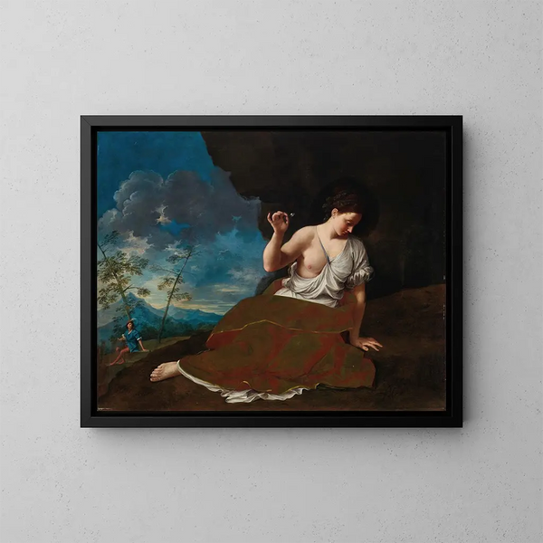 a painting of a young woman holding a long flower in a landscape, a young man in the distance. - Donato Creti — framed artwork on a wall