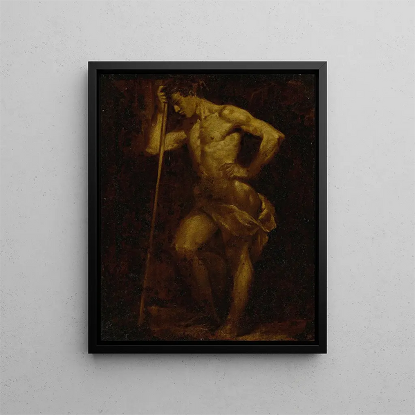 Sketch of an academic nude of a man holding a stick in brunaille - Donato Creti — framed artwork on a wall