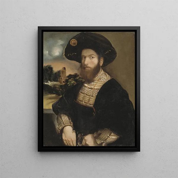 Portrait of a man wearing a black beret - Dosso Dossi — framed artwork on a wall
