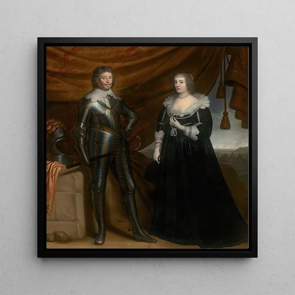 Double portrait painting of Frederik Hendrik 1584-1647 and Amalia of Solms-Braunfels 1602-1675 - Gérard van Honthorst — framed artwork on a wall