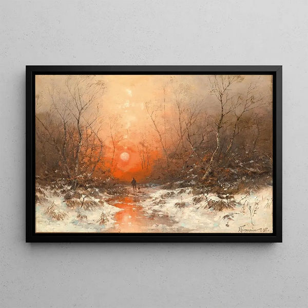 Sentier forestier avec chasseur au coucher du soleil - Désiré Thomassin — framed artwork on a wall