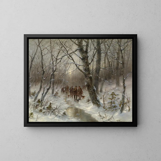 Hunter in the winter forest - Désiré Thomassin — framed artwork on a wall