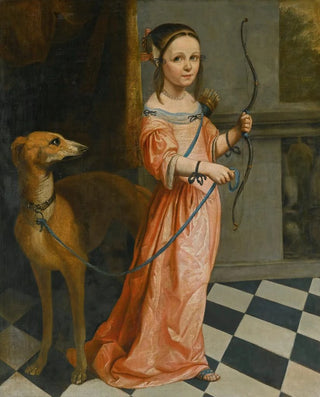 Portrait of a girl standing in a pink dress with a bow and a dog - Dutch School — artwork view