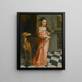 Portrait of a girl standing in a pink dress with a bow and a dog - Dutch School — framed artwork on a wall