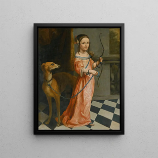 Portrait of a girl standing in a pink dress with a bow and a dog - Dutch School — framed artwork on a wall