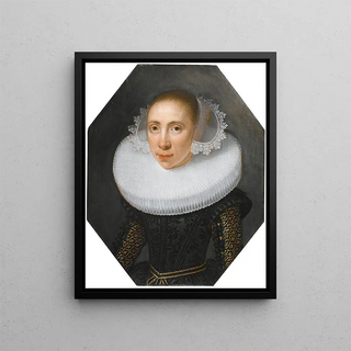 Portrait of a lady with a white strawberry - Dutch School — framed artwork on a wall