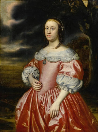 Portrait of a lady in a pink dress - Dutch School — artwork view