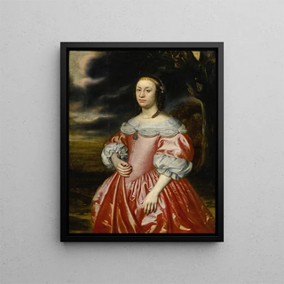 Portrait of a lady in a pink dress - Dutch School — framed artwork on a wall