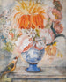 a still life of flowers in a blue decorative vase with a bird perched nearby on a ledge - Dutch School — artwork view