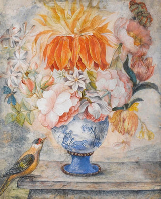 a still life of flowers in a blue decorative vase with a bird perched nearby on a ledge - Dutch School — artwork view