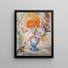 a still life of flowers in a blue decorative vase with a bird perched nearby on a ledge - Dutch School — framed artwork on a wall