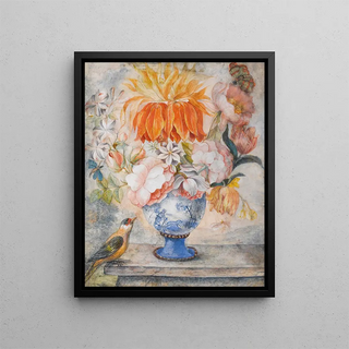 a still life of flowers in a blue decorative vase with a bird perched nearby on a ledge - Dutch School — framed artwork on a wall