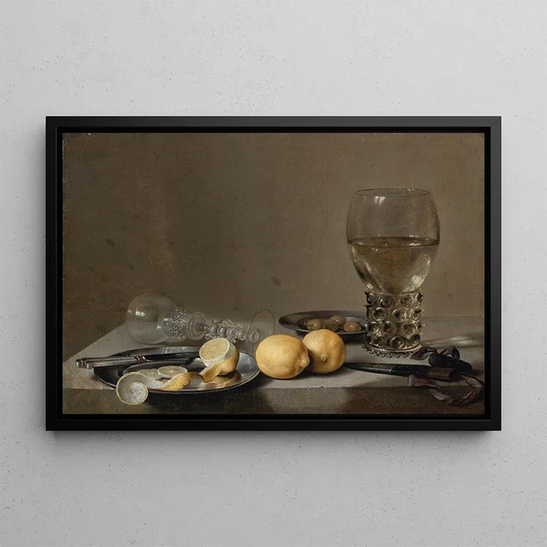 Still life with a roemer, lemons, olives, and an overturned glass - Dutch School — framed artwork on a wall