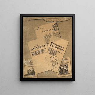 Trompe-l'œil of prints and a feather - Dutch School — framed artwork on a wall