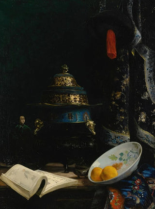 a Still life with a Chinese censer from the 18th century, an enameled porcelain plate, and a Qing dynasty courtier hat - E. A. Baron Deslandes — artwork view