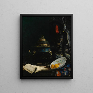a Still life with a Chinese censer from the 18th century, an enameled porcelain plate, and a Qing dynasty courtier hat - E. A. Baron Deslandes — framed artwork on a wall