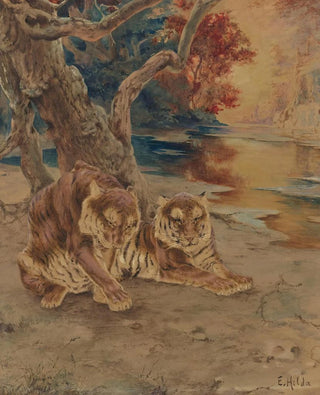a pair of tigers resting under a tree - E. Baily Hilda — artwork view
