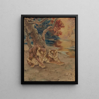 a pair of tigers resting under a tree - E. Baily Hilda — framed artwork on a wall