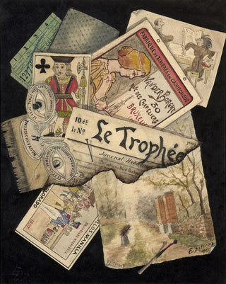 Trompe-l'œil painting of playing cards, posters, and watercolor landscapes - E. Delcroix — artwork view