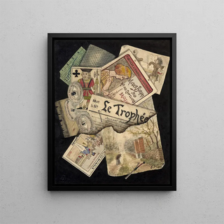 Trompe-l'œil painting of playing cards, posters, and watercolor landscapes - E. Delcroix — framed artwork on a wall