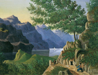 Mountain lake with hiker - E. Guenther — artwork view