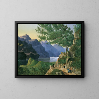 Mountain lake with hiker - E. Guenther — framed artwork on a wall