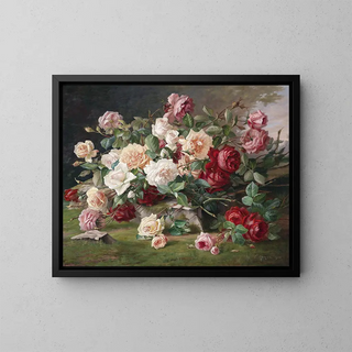 Still Life with Roses - E. Hariel — framed artwork on a wall