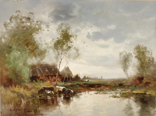 Landscape painting with a windmill - E. Landseer Harris — artwork view