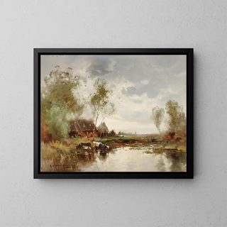 Landscape painting with a windmill - E. Landseer Harris — framed artwork on a wall