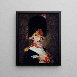 Portrait of a Grenadier Holding a Banknote - E Lussigny — framed artwork on a wall
