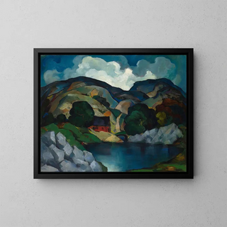 River landscape painting with house - E. Oscar Thalinger — framed artwork on a wall