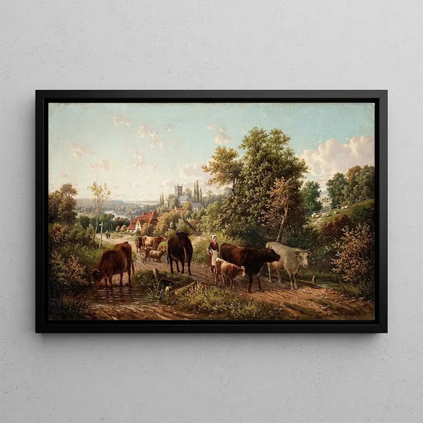 Landscape painting of the area near Hereford Cathedral and the Wye River - E. R. van Hampe — framed artwork on a wall