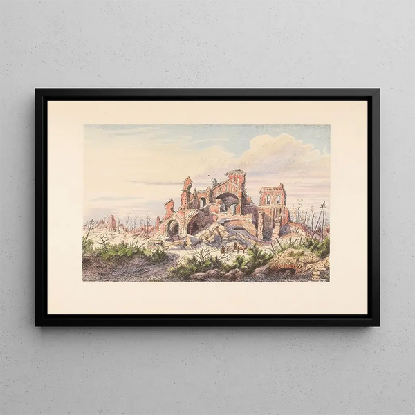 Albert Painting of the ruins of Notre-Dame de Brébieres - E. Tatin — framed artwork on a wall