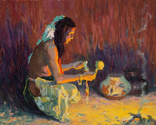 Indian warrior kneeling before the fire - Eanger Irving Couse — artwork view