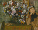 a woman sitting next to a vase of flowers - Edgar Degas — artwork view