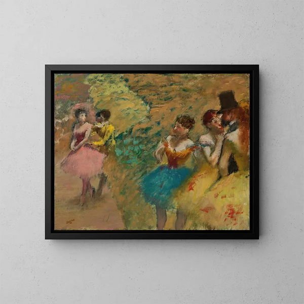 Dancers behind the scenes at the opera - Edgar Degas — framed artwork on a wall