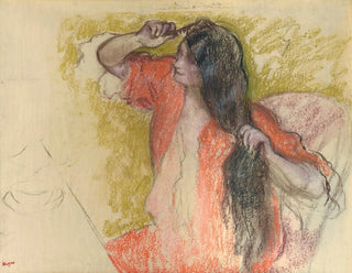 Woman in a Red Robe Styling Hair - Edgar Degas — artwork view