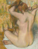 a nude woman from behind styling her hair, woman painting herself - Edgar Degas — artwork view