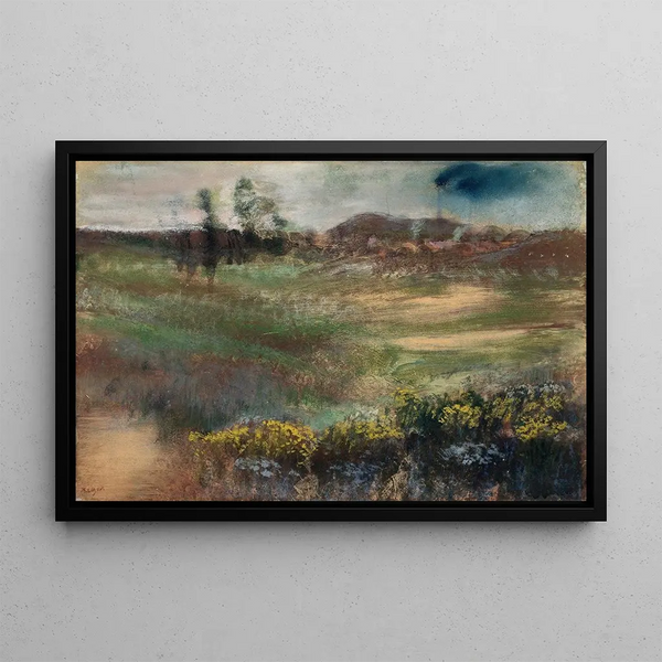 Landscape Painting with Chimneys - Edgar Degas — framed artwork on a wall