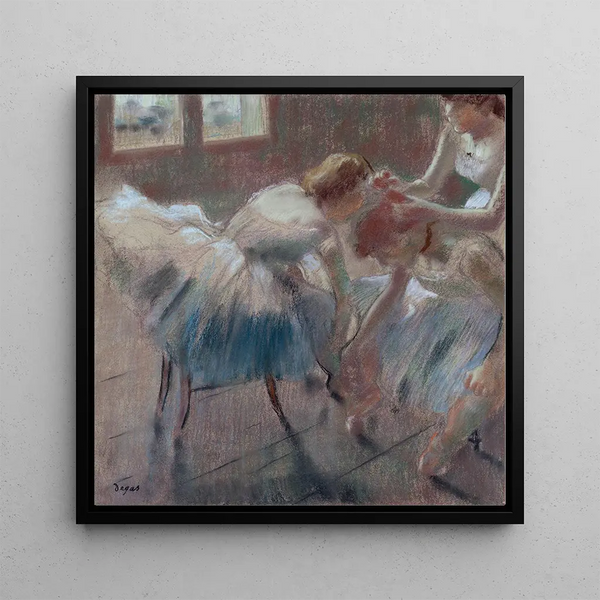 Trois Danseuses se Préparant pour le Cours - Edgar Degas — framed artwork on a wall