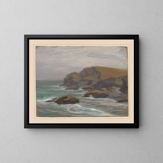 Marine painting with rocks - Edgard Farasyn — framed artwork on a wall