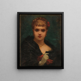 Young woman holding a mask - Edmond Hébert — framed artwork on a wall