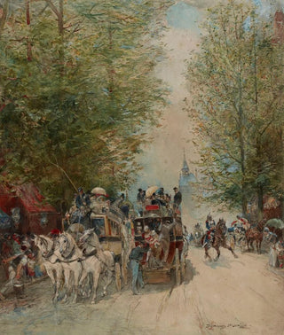 Street scene painting of omnibus at Pont-au-Change - Edmond Morin — artwork view