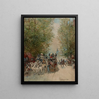Street scene painting of omnibus at Pont-au-Change - Edmond Morin — framed artwork on a wall