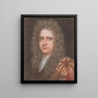 Young man with a full face and long curly wig - Edmund Ashfield — framed artwork on a wall