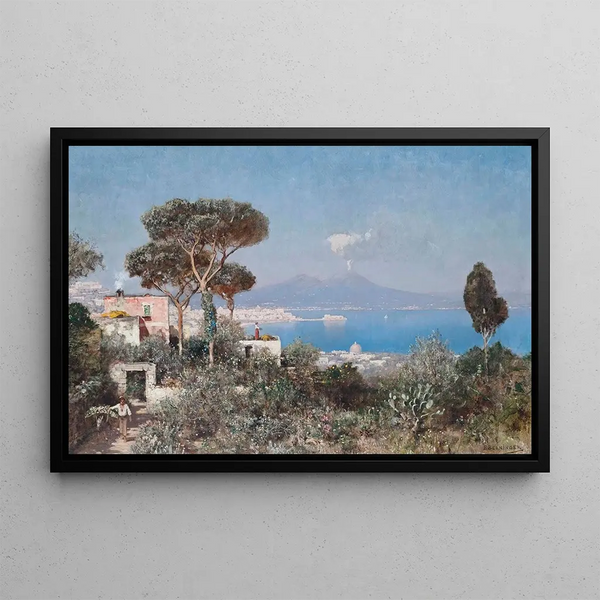 a boy and a donkey on the way to the market above the Bay of Naples - Edmund Berninger — framed artwork on a wall