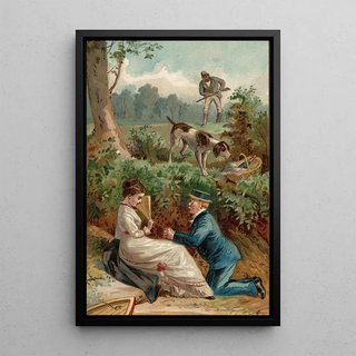 Young couple with hunter in the background - Edmund Birckhead Bensell — framed artwork on a wall