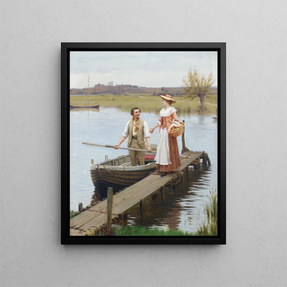 A Apple for the Boatman - Edmund Blair Leighton — framed artwork on a wall