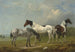 Two piebald horses, a gray one and a spaniel in a vast landscape, a country house in the distance - Edmund Bristow — artwork view