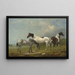 Two piebald horses, a gray one and a spaniel in a vast landscape, a country house in the distance - Edmund Bristow — framed artwork on a wall